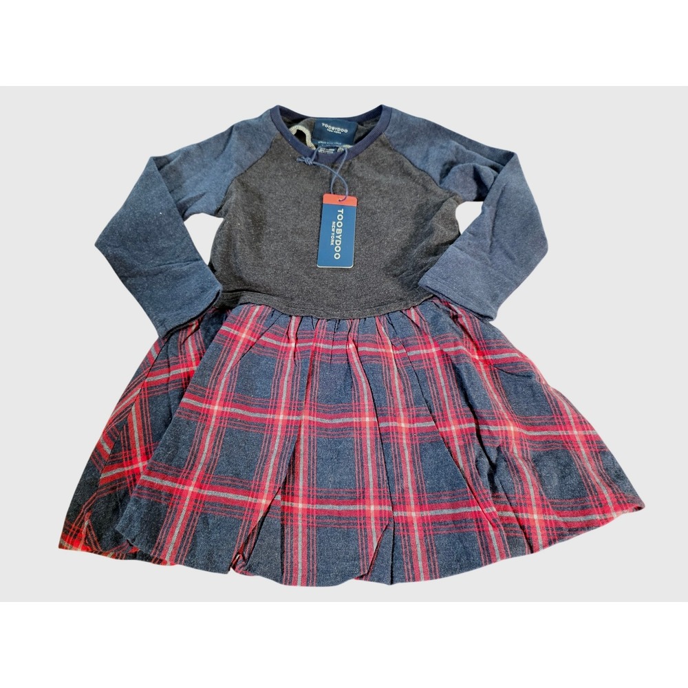 Toobydoo Dress Kids 6 Blue Red Plaid Long Sleeve Raglan Skirt New